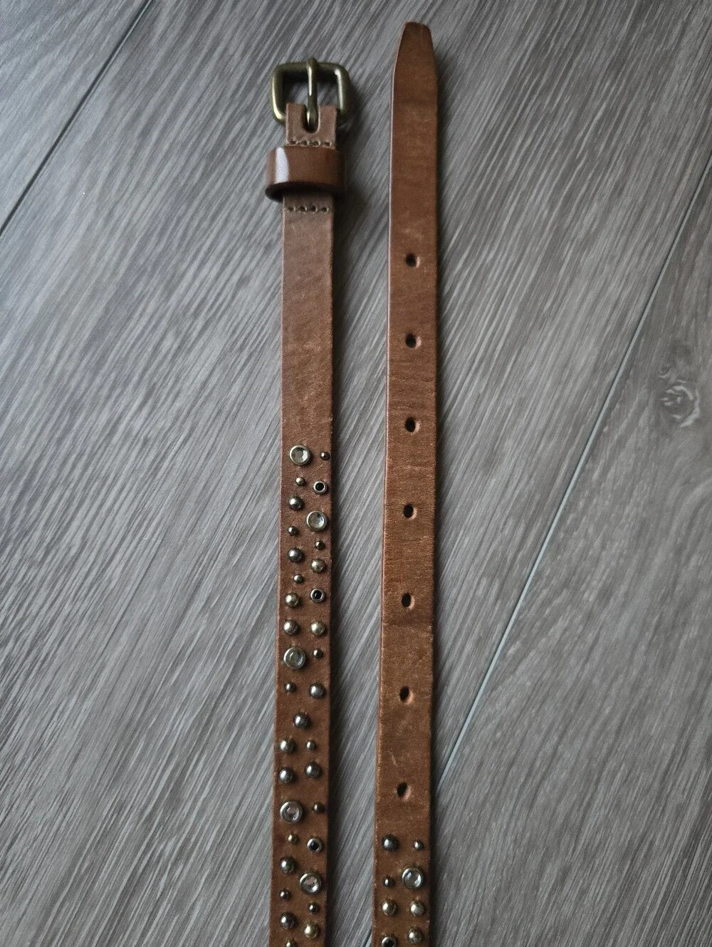 J.Crew Brown Leather Studded Rhinestone Skinny Belt Boho Western Jeweled M